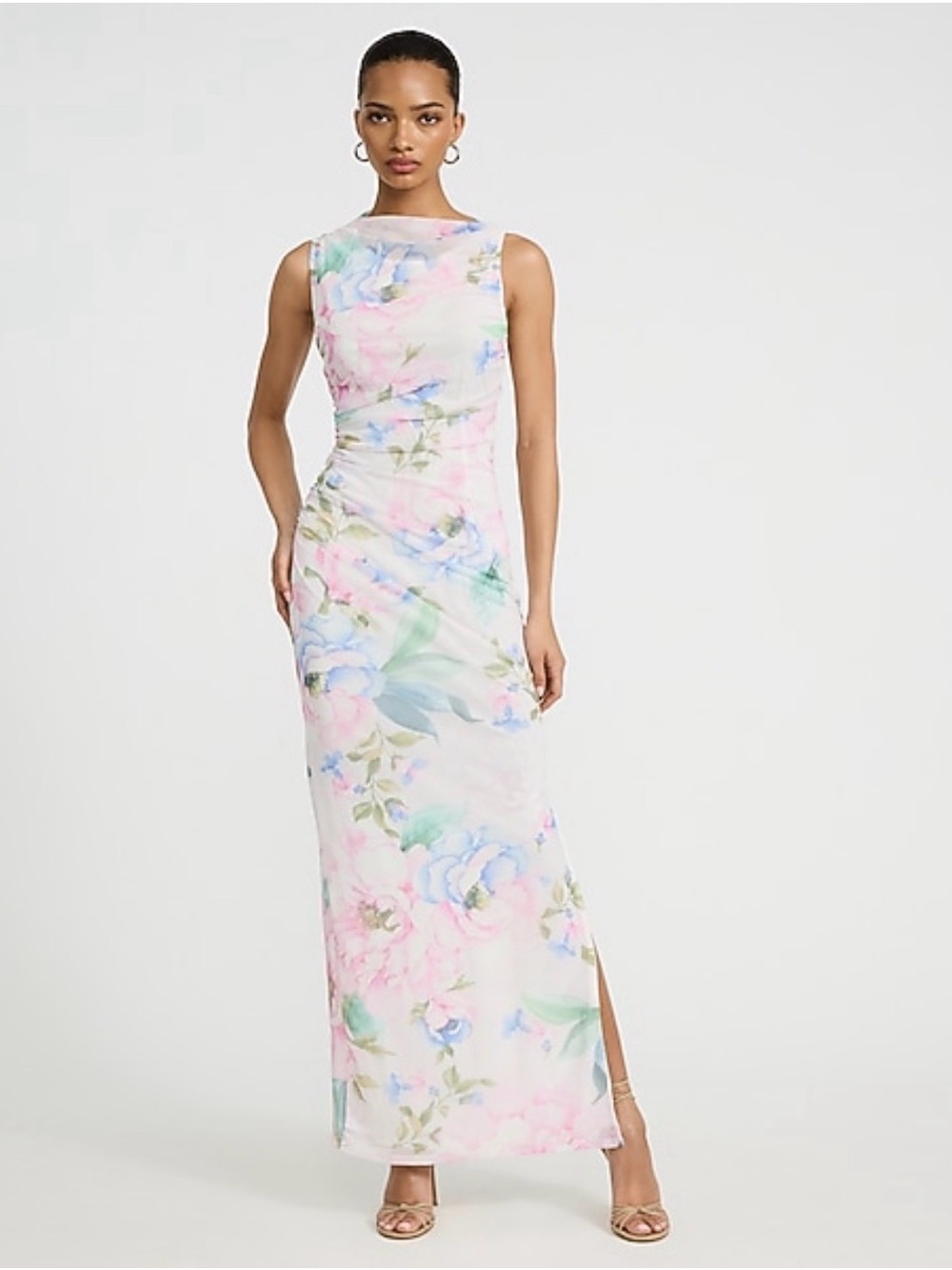 NWT Express Mesh Floral Ruched Maxi Sheath Dress